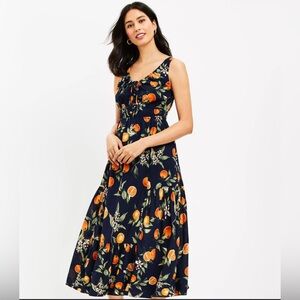 NWT LOFT Orange Print Maxi Dress – Size 12 | Navy Blue Cotton, Vacation Ready